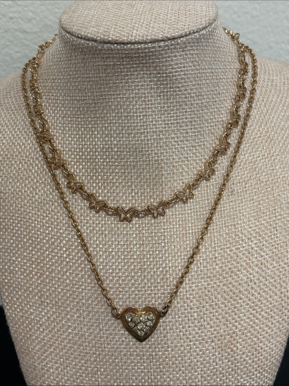 Vintage Park Lane Gold Tone Pave Rhinestone Heart Pendant & Butterfly Choker